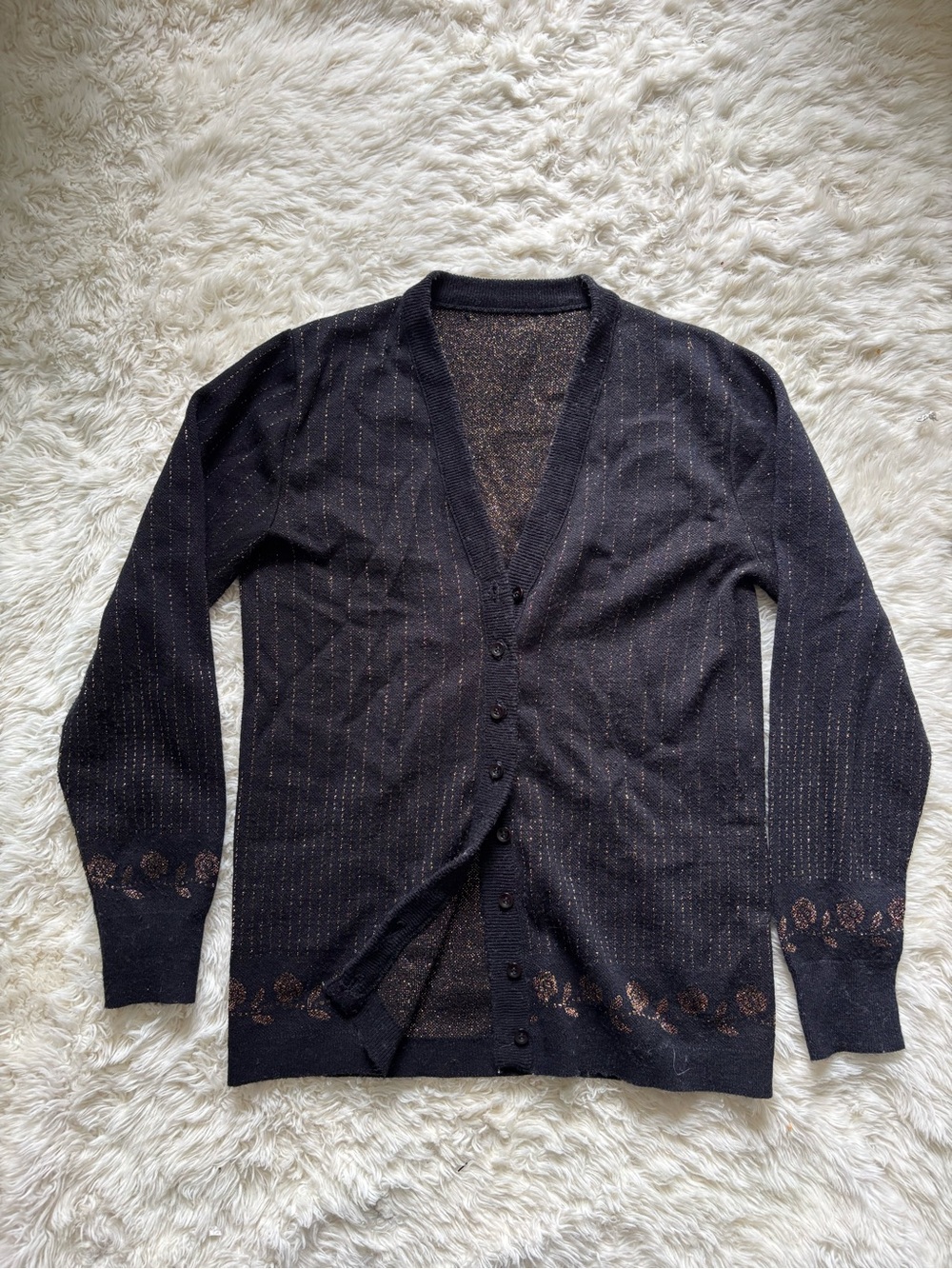 Women's Vintage Black Button-Front Floral Trim Cardigan